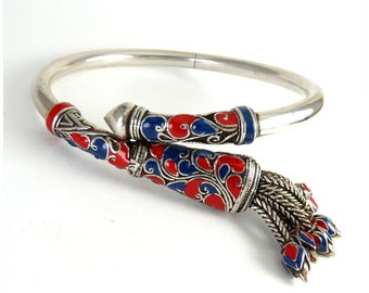 Heavy Sterling Silver Red & Blue Peacock Eye Tassels Hinged Bangle Bracelet, Fancy Bypass Style