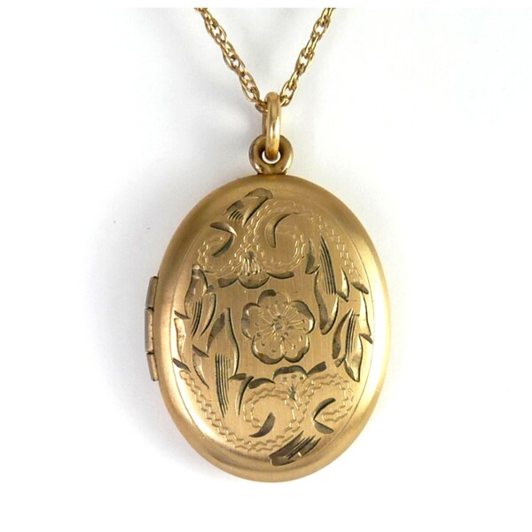 Vintage W.E. Hayward Gold-Filled Oval Locket, Engraved Flowers, 24" G.F. Chain