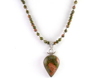 Unakite Teardrop & Sterling Pendant, Unakite and Sterling Beads Necklace