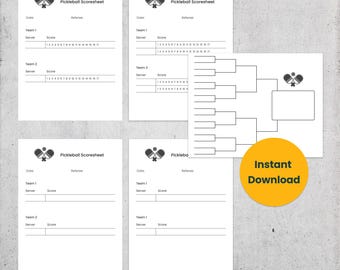 Pickleball Game Tournament | 16 Player Bracket + Doubles & Singles Scoresheets - 5 page PDF Printable Instant Download