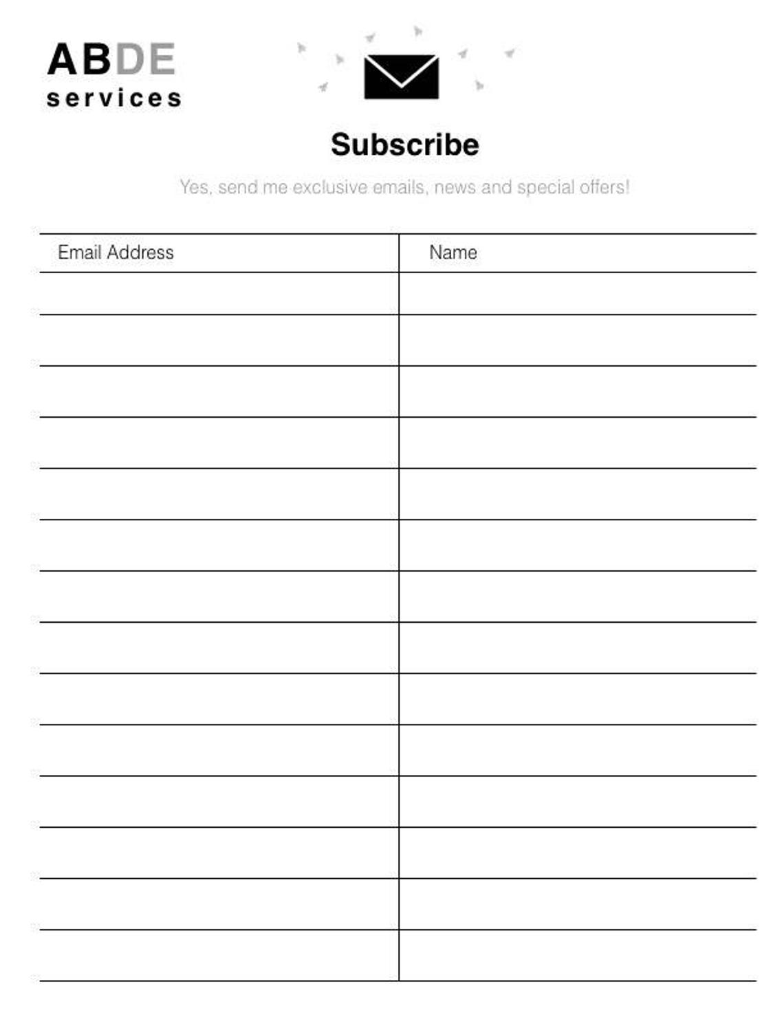 Email List Template Newsletter Sign up Form Digital PDF Instant
