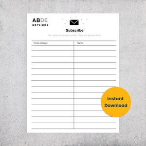 Email List Template - Newsletter Sign Up Form - Digital PDF Instant Download