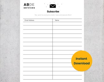 Email List Template - Newsletter Sign Up Form - Digital PDF Instant Download