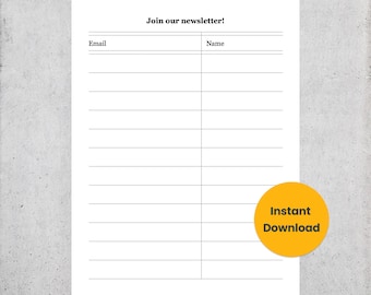 Email List Template - Newsletter Sign Up Form - Digital PDF Instant Download