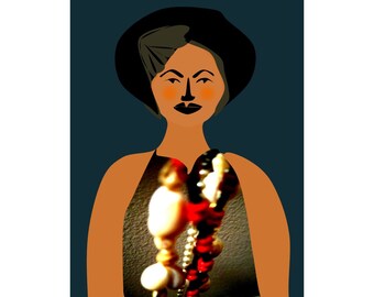 Woman with large necklace shirt and hair ornament  |  giclee digital print