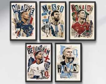 Set di poster delle leggende del calcio / Pacchetto stampabile di Messi, Ronaldo, Mbappé, Haaland e Bellingham (download digitale)