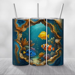 20oz Skinny Tumbler Wrap – Underwater Coral Reef with Tropical Fish – Digital PNG