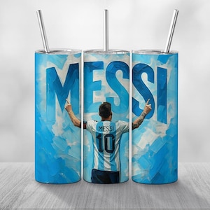May include: Three stainless steel tumblers with a blue and white design. The design features the word "MESSI" in large letters and an image of a soccer player wearing a jersey with the name "MESSI" and the number "10". Each tumbler has a silver straw.