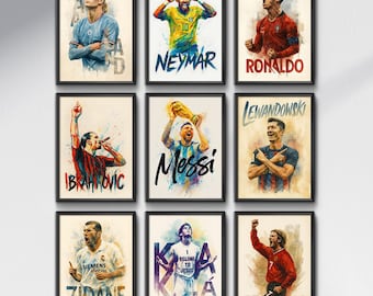 Set de pósteres de leyendas del fútbol / Pack de estrellas del fútbol en acuarela / Messi, Ronaldo, Neymar, Haaland / Descarga digital