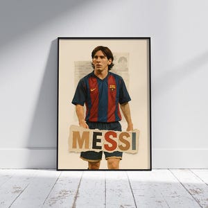 Póster collage del joven Lionel Messi – Arte mural de fútbol retro – Descarga digital