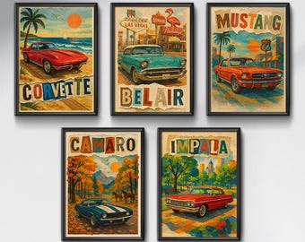Póster de muscle cars clásicos americanos: Arte automotriz retro (descarga digital)