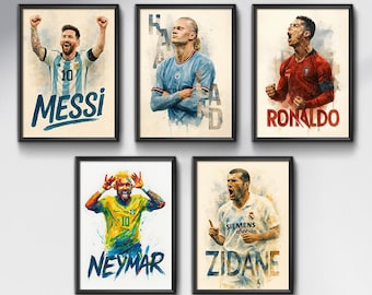 Football Legends Watercolor Poster Bundle: Messi, Ronaldo, Neymar, Zidane, Haaland (Digital Download)