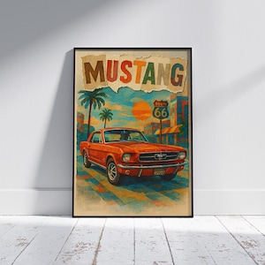 Vintage 1965 Ford Mustang Collage Poster – Retro Classic Car Wall Art – Digital Download