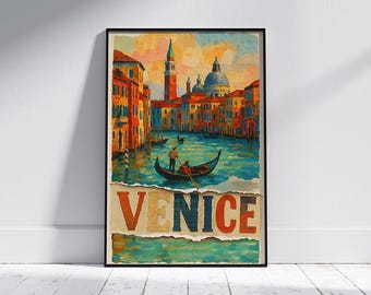 May include: A framed art print featuring a watercolor painting of Venice, Italy. The artwork depicts a gondola on a canal, with colorful buildings and a church in the background. The word "VENICE" is displayed in large letters at the bottom.