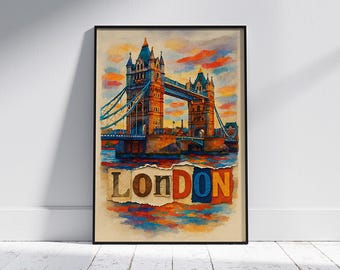 London Tower Bridge Vintage Collage Print: Retro Travel Poster (Digital Download)