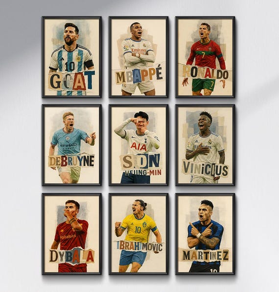 Football Legends Poster Set: Torn-paper Collage Art (digital
