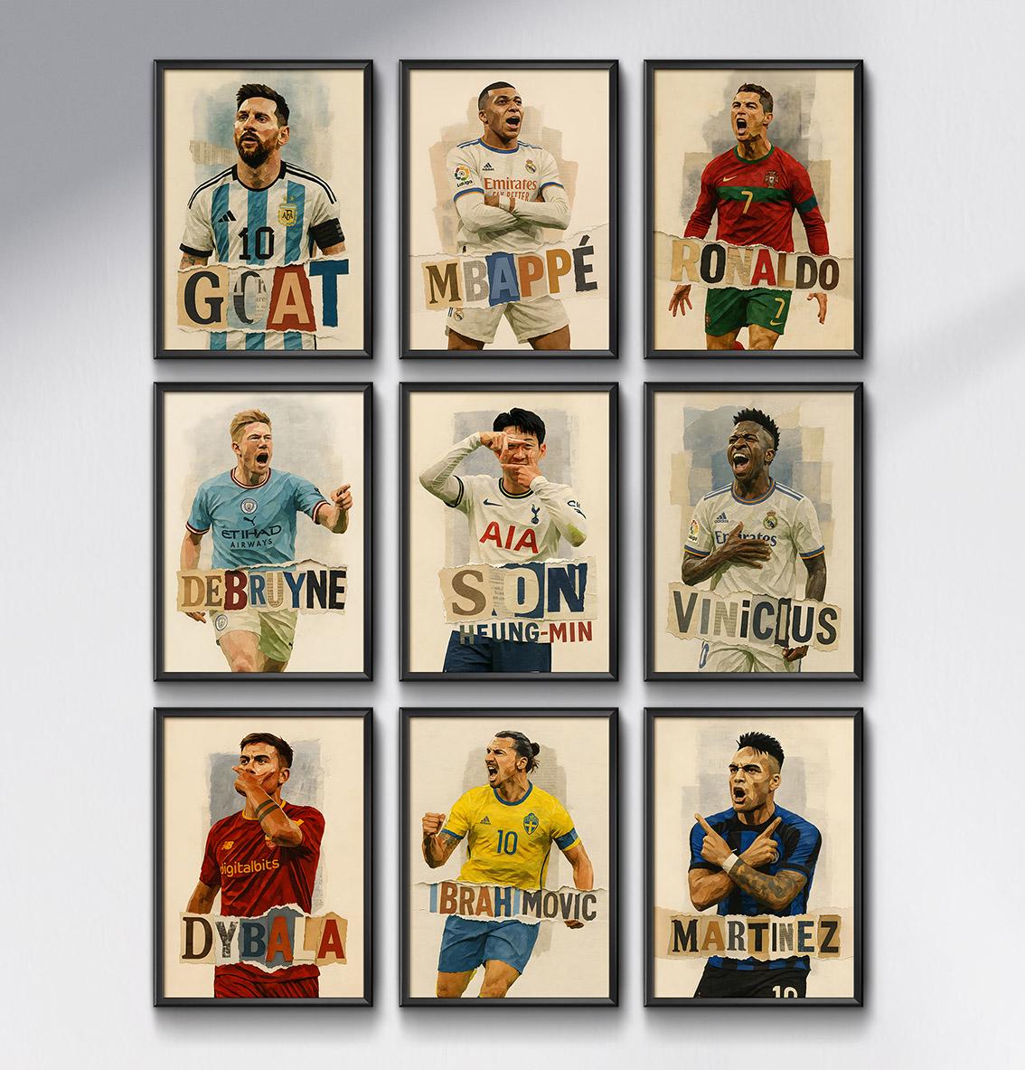 Football Legends Poster Set: Torn-paper Collage Art (digital