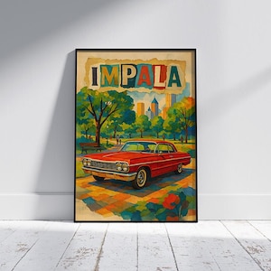 Vintage Chevrolet Impala Digital Collage Poster – Classic Car Art Print with Urban Park Scene – Retro American Muscle Car Wall Decor