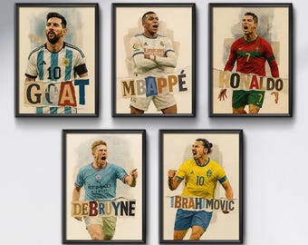 Conjunto de carteles de Football Legends: Messi, Ronaldo, Mbappé, De Bruyne, Ibrahimovic (Descarga digital)