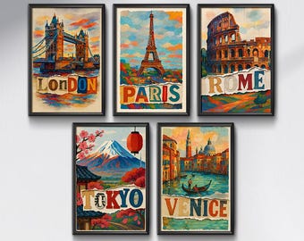 Lot d'affiches de voyage | Lot de 5 affiches de ville | Art mural Londres Paris Rome Tokyo Venise