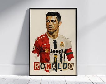 Cristiano Ronaldo gescheurd papier collagekunstdruk: voetballegende (digitale download)