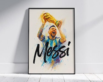 Messi VM-mästare-affisch | Akvarell fotbollskonst | Digital nedladdning