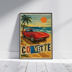 Vintage Corvette Digital Collage Poster – Classic Muscle Car on Beach – Retro Ocean Wall Art Print for Car Lovers