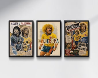 Pacchetto di poster di Carlos Valderrama / Set di stampe digitali di Higuita e Valderrama / Quadri da parete di calcio colombiano (download digitale)