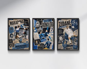Pacchetto di poster iconici delle leggende del calcio / Set stampabile di Maradona, Ronaldo e Zidane (download digitale)