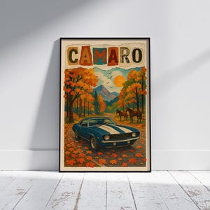 Vintage Chevrolet Camaro 1969 Autumn Scene – Classic Muscle Car Wall Art, Retro Automotive Print, Digital Download