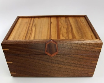 Handmade Walnut Keepsake Box: Tigerwood Lid, Exotic Inlays