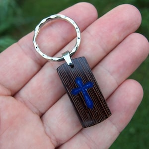Artisan Carved Wood Cross Keychain: Resin Inlay Pendant