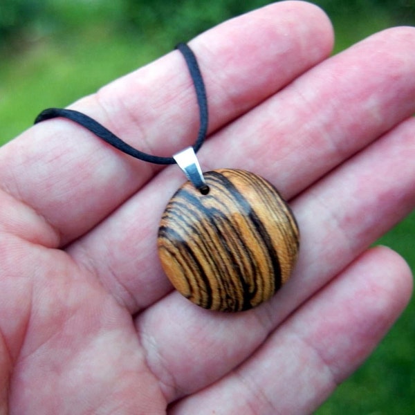 Exotic Wood Carved Domed Circle Necklace Wood Disc Pendant Curved Wood Minimalist Pendant Circle Pendant Modern Necklace Boho Artisan