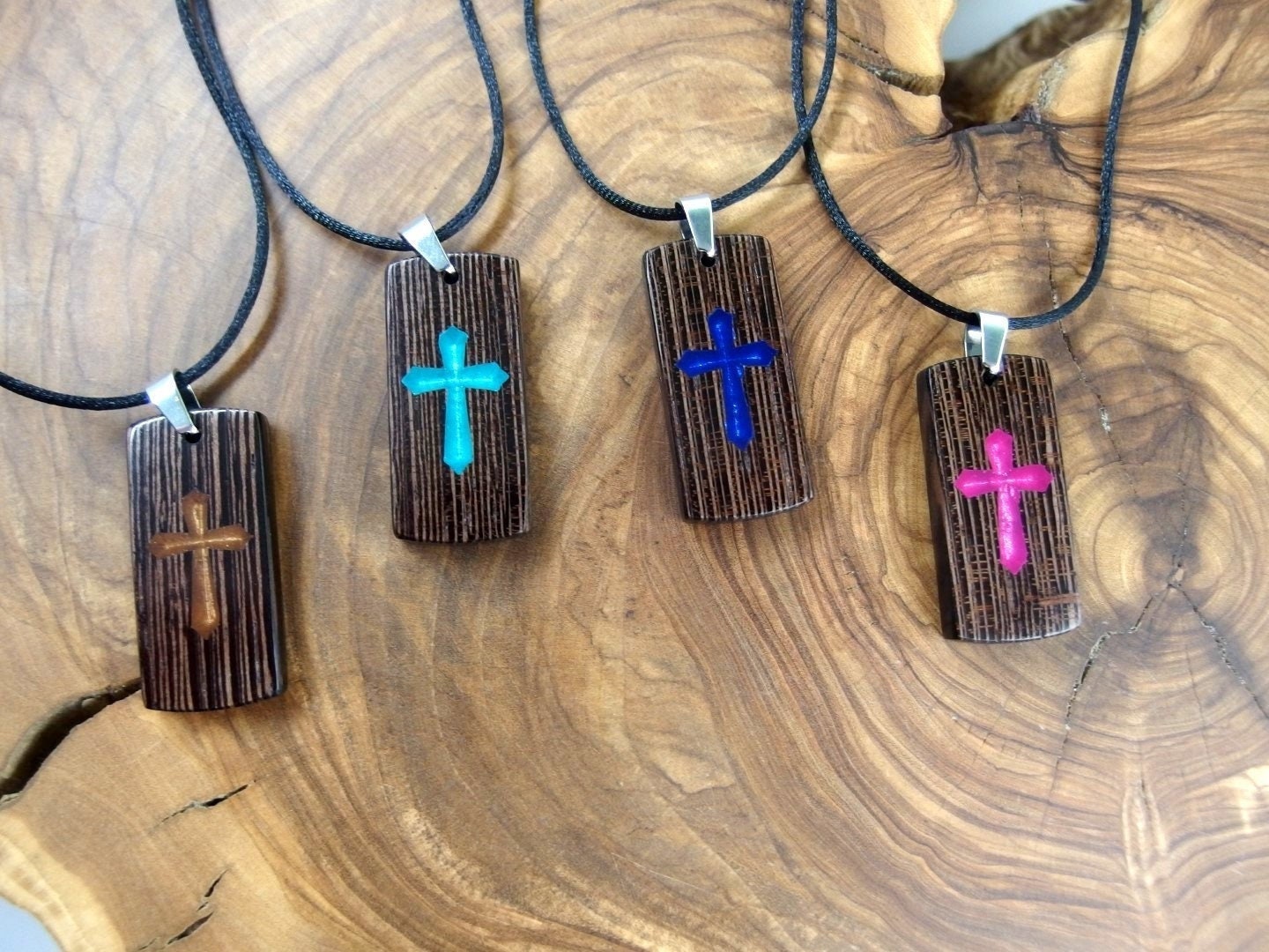 Carved Cross Necklace. Artisan Crafted Resin Inlaid Wooden Cross Pendant Necklace. Cross Keychain