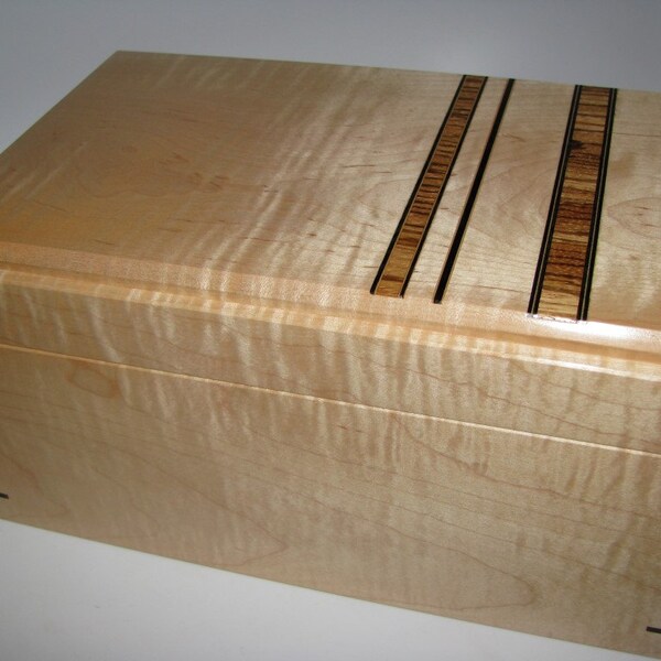 Stylishly Designed Tiger Maple Box. Inlaid with Zebrawood, Ebony and Holly. 10" x 6.5" x 5.5"