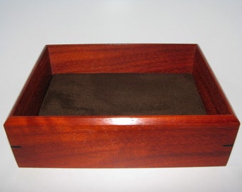 Valet Tray. Padauk Valet Box. Suede Fabric Upholstered Wooden Tray. 8.5" x 6.5" x 2.5"