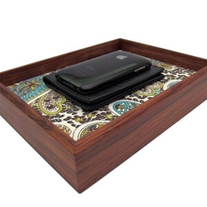 Bubinga Wood Valet Tray: Exotic Paisley Fabric Dresser Box