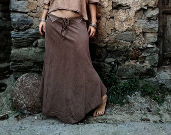 Ready to Ship Organic Veg Dye  Hemp Cotton tribal earthy skirt with Viking style inspired prints Nomad Eco Friendly Gypsy