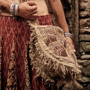 Native American Style Bag, Raw Silk Backpack, Earthy Linen Backpack, Natural Leaf Embroidered, Ancient Women Bag, Traditional Shoulder Bag