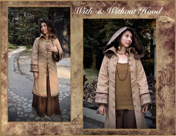 Brown Hooded Coat. Long Wrap Winter Coat. Medieval Fleece 