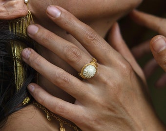 Goddess Hathor, Bone Carving, Sacred Jewelry, Priestess Ring, Ancient Egypt, Goddess Codes Jewelry, Sacred Feminine Ring, Silver Gold Plated