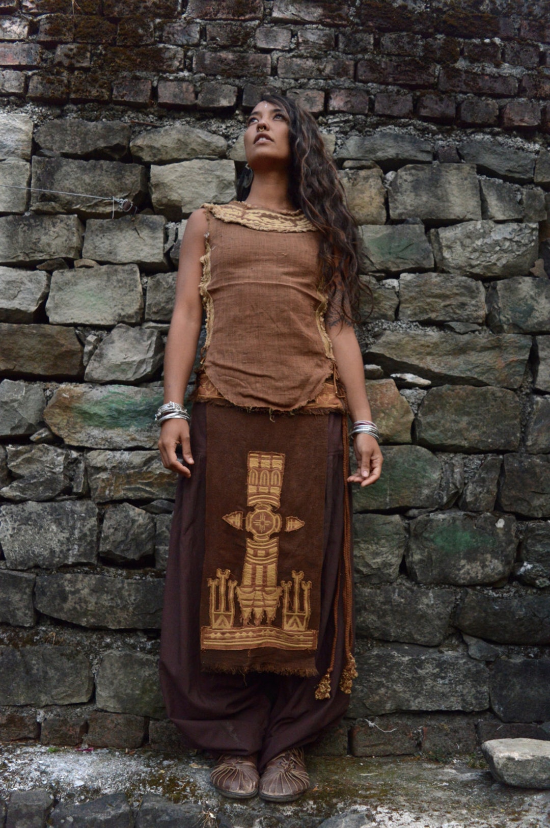 スカート 80s brown native pattern long skirt 3X To 6X Plus Size Indian Ethnic Maxi Long Skirt Women