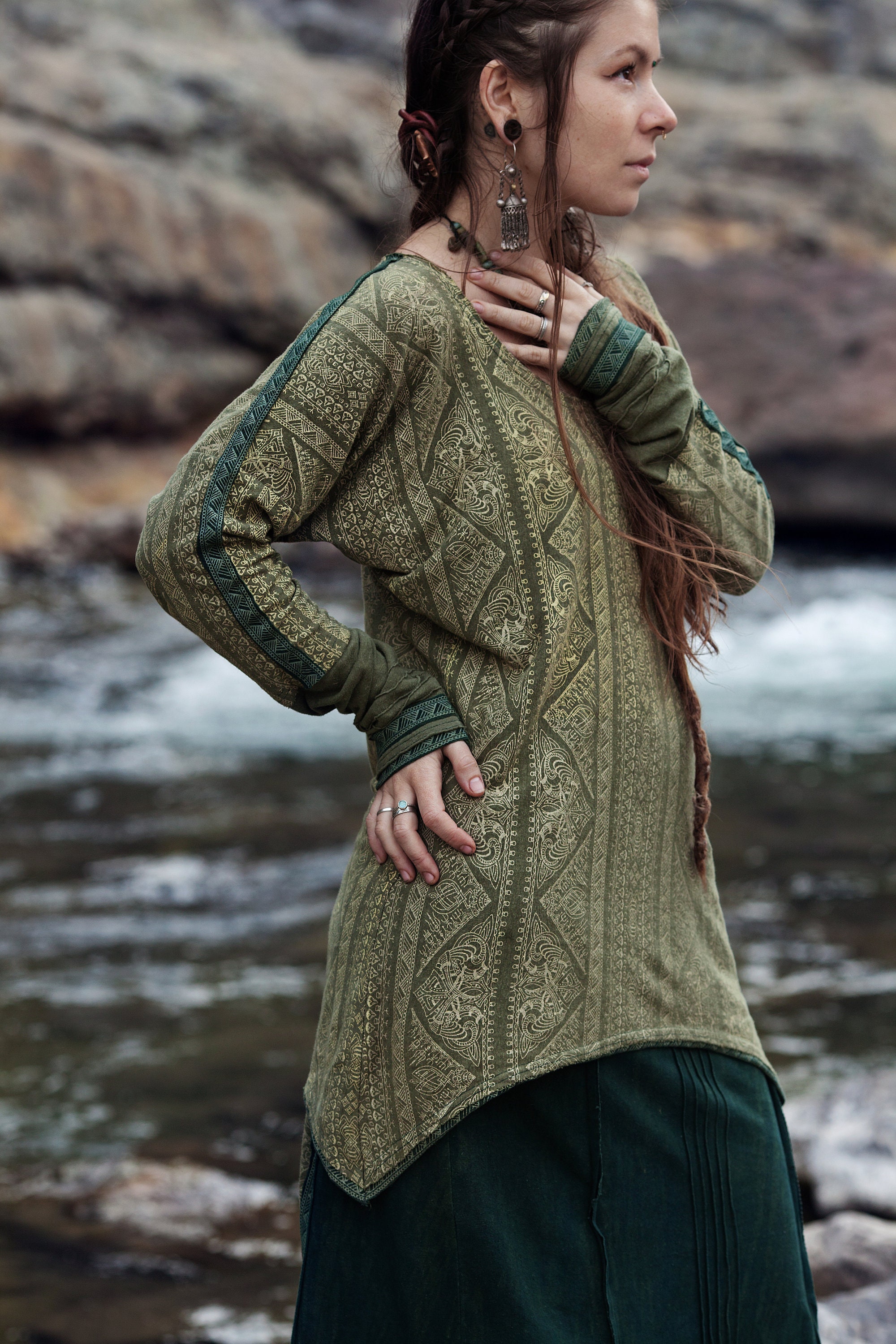 Organic Hemp Shirt, Cotton Shirt, Green Tribal Shirt, Bohemian Clothing, Gypsy Shirt, Viking Shirt, Psy Trance Top, Meditation Top, Hippie