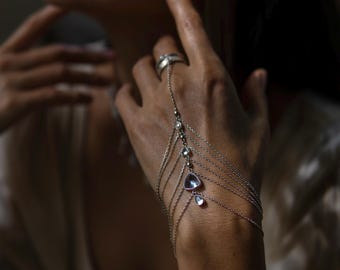 Silver Hand Bracelet, Silver Slave Bracelet, Finger Chain Bracelet, Blue Topaz, Silver Chain Ring Bracelet, jewelry Gift for her