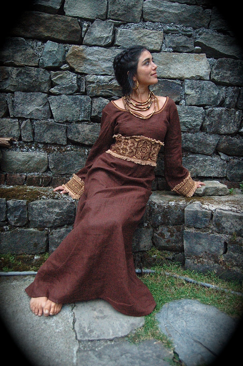 Priestess Long Dress with Long sleeves Native American style Original design embroidery made of Brown Irish linen embroidery folk natural image 1