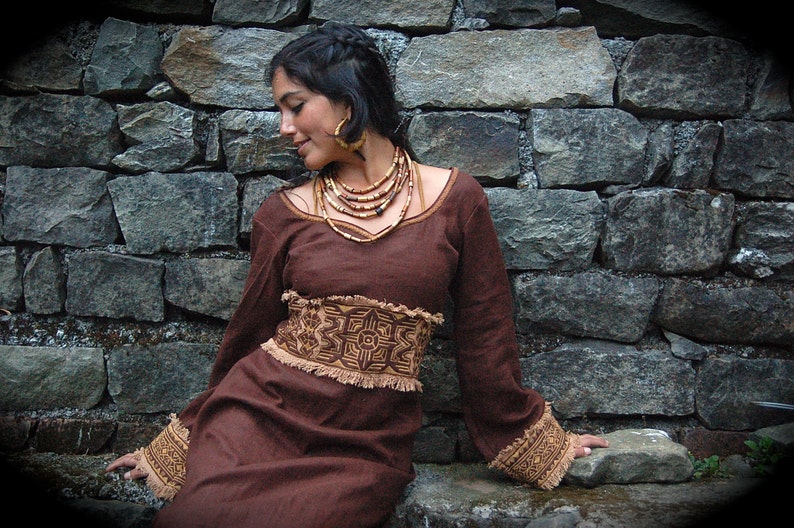 Priestess Long Dress with Long sleeves Native American style Original design embroidery made of Brown Irish linen embroidery folk natural image 3