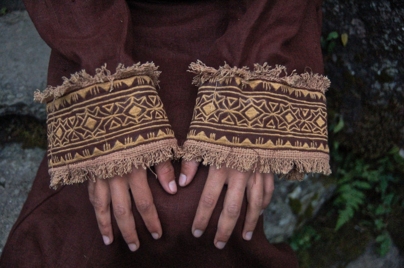 Priestess Long Dress with Long sleeves Native American style Original design embroidery made of Brown Irish linen embroidery folk natural image 2