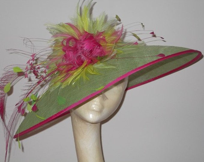 Large Hot Pink And Green Hat With A Large Feather Flower Etsy