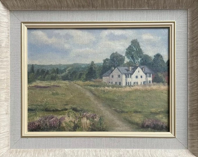 Large Vintage Original Oil Painting View of a House Set in Countryside