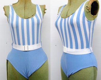 Vintage 60s/70s NOS One Piece Swimsuit Blue White Stripe Belted
